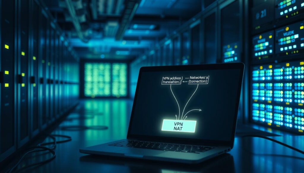 How 43% of Cyberattacks Start With One Unprotected Click 7 A dimly lit server room, with rows of blinking network equipment and cables snaking across the floor. In the foreground, a laptop displaying a VPN connection diagram, the network address translation (NAT) process highlighted. Glowing lines trace the path of data packets, illustrating how the VPN client traverses the NAT barrier to securely access the remote network. Soft blue and green hues cast an ethereal glow, emphasizing the technical intricacies of this VPN system. The scene conveys the complexities of modern networking, the importance of NAT traversal, and the role of VPNs in securely connecting remote users to protected resources.