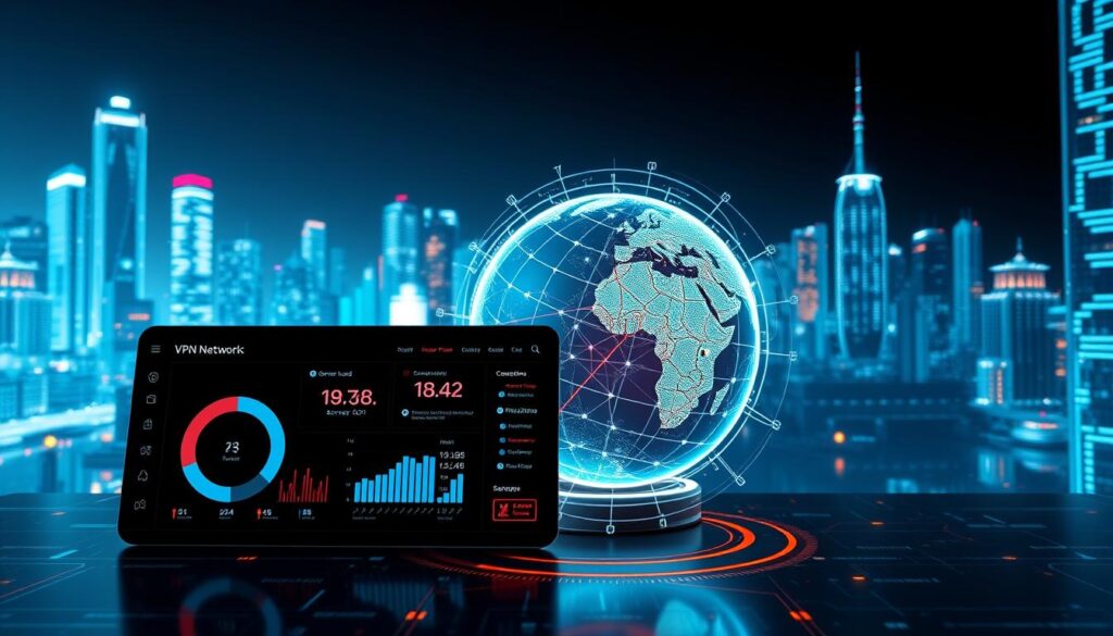 A dynamic 3D visualization of a VPN network's speed and server performance. In the foreground, a sleek virtual private network dashboard displays real-time data on server load, connection speeds, and geographic coverage. In the middle ground, a holographic globe rotates, highlighting the global reach of the VPN with pulsing data streams connecting servers around the world. In the background, a futuristic cityscape backdrop sets the scene, with skyscrapers and glowing technological infrastructure. The lighting is crisp and high-contrast, creating a sense of precision and technical prowess. The overall mood is one of power, efficiency, and cutting-edge technology.
