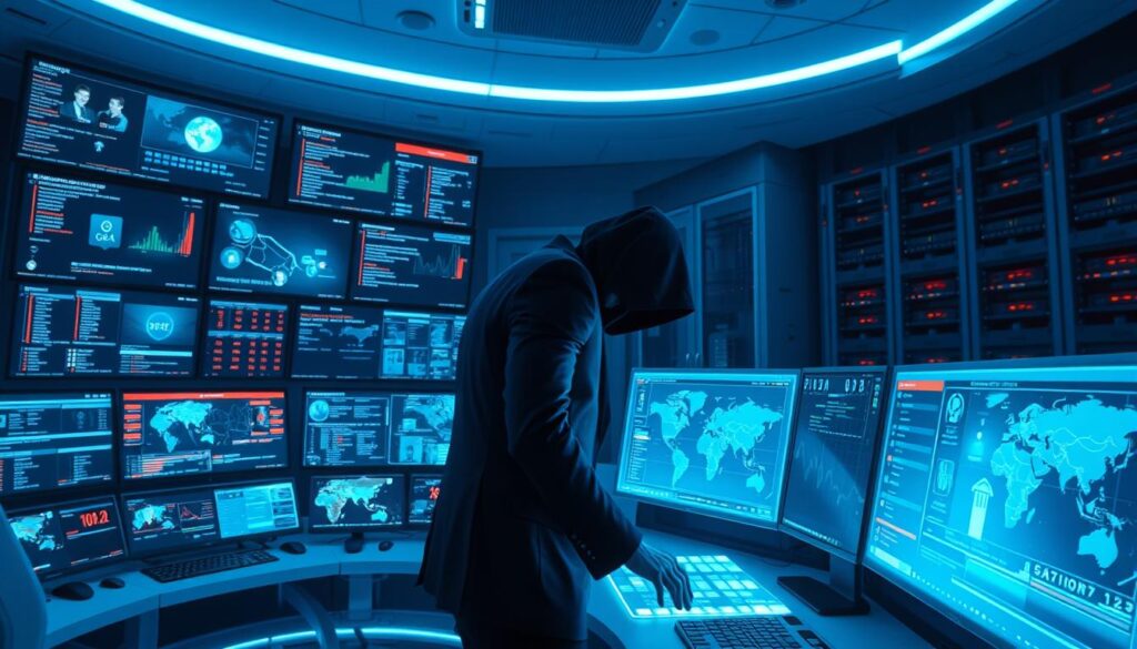 A futuristic control room with multiple screens displaying various user activities, network traffic, and geolocation data. In the foreground, a shadowy figure in a dark suit hunches over a sleek, high-tech console, their fingers dancing across a holographic interface. Soft blue lighting casts an ominous glow, while the background is dominated by a towering rack of servers and blinking network switches. The atmosphere is one of surveillance, power, and a sense of unease, as the image captures the unseen yet pervasive monitoring of online activity by internet service providers.