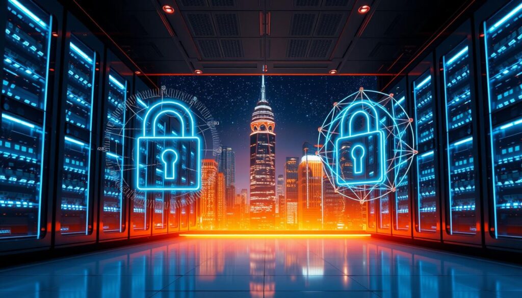 Secure Your Data with Post-Quantum Encryption 5 A futuristic data center with sleek servers and glowing neon-lit encryption algorithms in the foreground. In the middle ground, a side-by-side comparison of traditional and post-quantum encryption protocols, their structures and mathematical foundations visualized as holographic diagrams. The background features a cityscape of towering skyscrapers and a starry night sky, conveying a sense of technological progress and the importance of secure communication in the digital age. Warm lighting casts an ethereal glow, and the scene is captured with a cinematic wide-angle lens for maximum impact.