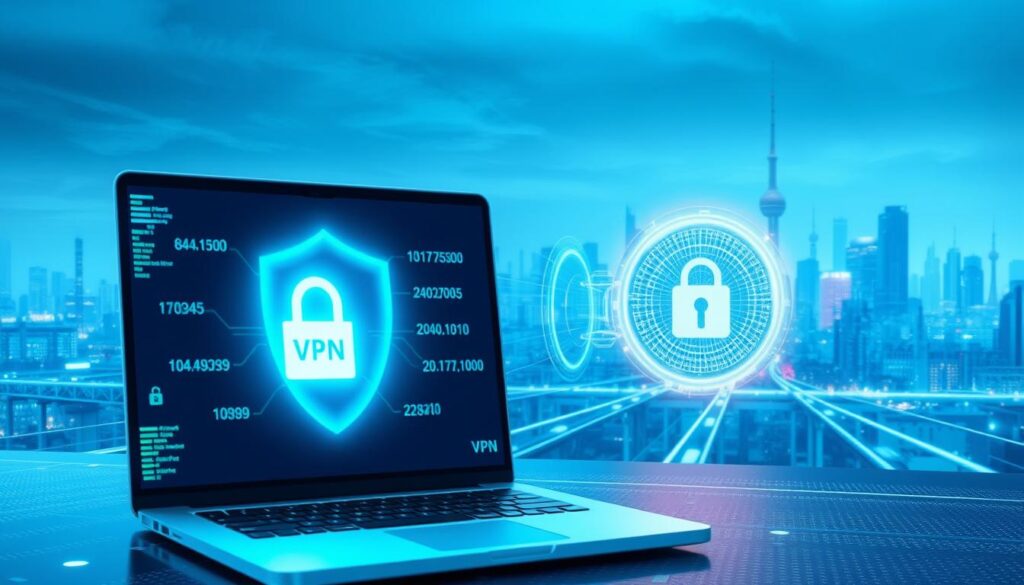 A futuristic digital landscape with a VPN-secured internet connection. In the foreground, a laptop screen displays a secure VPN interface, with a glowing encryption symbol and an IP address being obscured. In the middle ground, data packets flow through a secure tunnel, protected by a pulsing VPN encryption shield. In the background, a cityscape of skyscrapers and communication towers, representing the broader internet infrastructure. Soft blue and green hues create an atmospheric, high-tech ambiance, conveying the secure and private nature of the VPN-protected browsing experience.