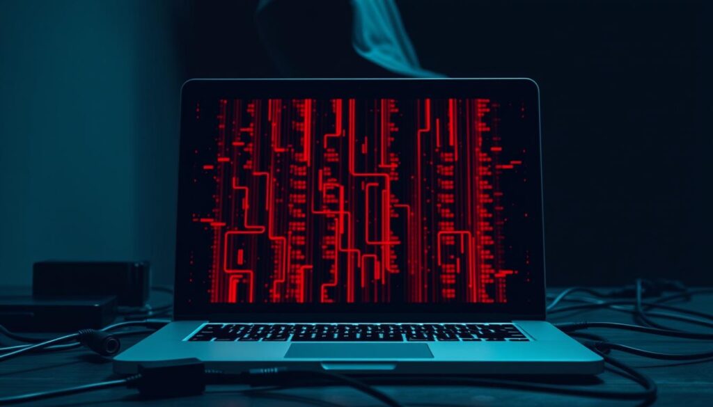 A high-contrast, cinematic image of a security breach scenario when a VPN connection drops. In the foreground, a looming red glitch effect obscures a laptop screen, symbolizing the loss of secure internet access. In the middle ground, network cables and devices are scattered, hinting at the disruption. The background features a shadowy figure, representing the potential threat of unsecured internet traffic. The overall tone is ominous, with dramatic lighting and a sense of urgency, emphasizing the risks associated with VPN disconnection.