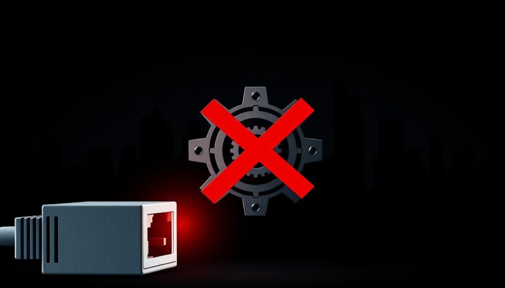 A high-contrast, detailed illustration of a virtual private network (VPN) kill switch mechanism. In the foreground, a network interface icon symbolizes the internet connection, with a striking red "X" overlay indicating a dropped VPN link. In the middle ground, gears and circuit board elements depict the technical workings of the kill switch, halting all internet traffic until the VPN is restored. The background features a dark, ominous cityscape silhouette, conveying the importance of maintaining secure, uninterrupted VPN protection. Dramatic lighting casts sharp shadows, emphasizing the gravity of the situation and the critical role of the VPN kill switch in safeguarding online privacy and security.