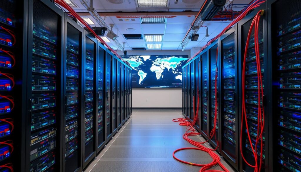 A high-tech data center, its racks filled with sleek VPN servers. Towering server cabinets, their LED displays flickering with activity. Cables in vibrant colors snake across the floor, connecting the machines in a complex web. Bright overhead lighting casts a professional, authoritative glow, while discrete security cameras monitor the scene. In the background, a wall-sized display shows a real-time visualization of global network traffic, a testament to the server's vital role in maintaining privacy and security. An atmosphere of technological sophistication and control, where the VPN infrastructure stands as a bulwark against prying eyes.
