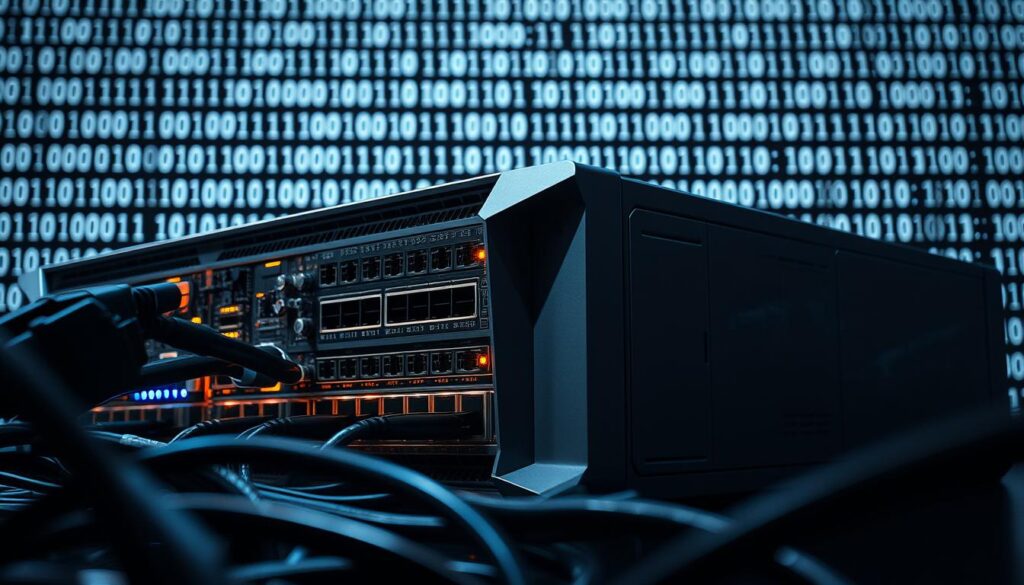 A high-tech firewall stands guard, its intricate circuitry and glowing ports casting a digital glow. In the foreground, network cables and ethernet ports hint at the complex web of connections flowing through the device. The middle ground features sleek, angular housing in metallic grays, hinting at the firewall's robust security capabilities. In the background, a grid of stylized binary code symbolizes the data streams it monitors and controls, maintaining the delicate balance of an open yet secure internet. Dramatic lighting casts dramatic shadows, conveying the gravity of the firewall's role in upholding internet regulations and safeguarding digital infrastructure.