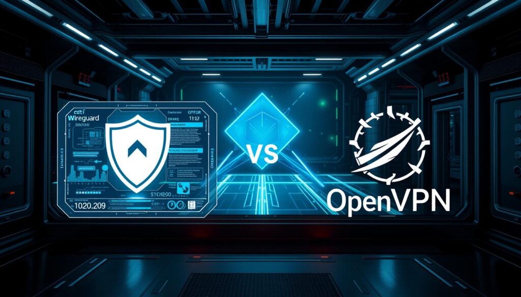 A high-tech security hub, with a futuristic interface showcasing the logos and key features of WireGuard and OpenVPN in a side-by-side comparison. The foreground depicts a sleek, holographic control panel with dynamic data visualizations, conveying the technical complexity and robustness of these VPN protocols. The middle ground features abstract geometric shapes and lines, representing the encrypted data flow and secure tunneling. The background is a dimly lit, industrial setting with metallic textures, hinting at the enterprise-grade security these VPNs provide. Dramatic lighting and subtle hues of blue and green create an atmosphere of authority and trust, highlighting the importance of making an informed choice between these two leading VPN solutions.