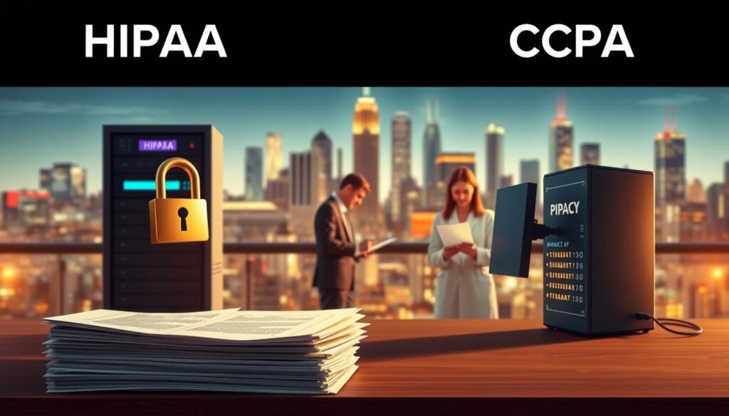 A highly detailed, professionally-lit digital illustration showcasing the key principles of HIPAA (Health Insurance Portability and Accountability Act) and CCPA (California Consumer Privacy Act) compliance. In the foreground, a stack of documents and a secure computer server symbolize the sensitive data being protected. In the middle ground, a team of data privacy experts meticulously review and analyze compliance regulations. In the background, a cityscape with skyscrapers represents the broader business and legal landscape in which these privacy laws operate. The overall tone is one of careful attention to detail, technical precision, and a steadfast commitment to safeguarding personal information. A highly detailed, professionally-lit digital illustration showcasing the key principles of HIPAA (Health Insurance Portability and Accountability Act) and CCPA (California Consumer Privacy Act) compliance. In the foreground, a stack of documents and a secure computer server symbolize the sensitive data being protected. In the middle ground, a team of data privacy experts meticulously review and analyze compliance regulations. In the background, a cityscape with skyscrapers represents the broader business and legal landscape in which these privacy laws operate. The overall tone is one of careful attention to detail, technical precision, and a steadfast commitment to safeguarding personal information.