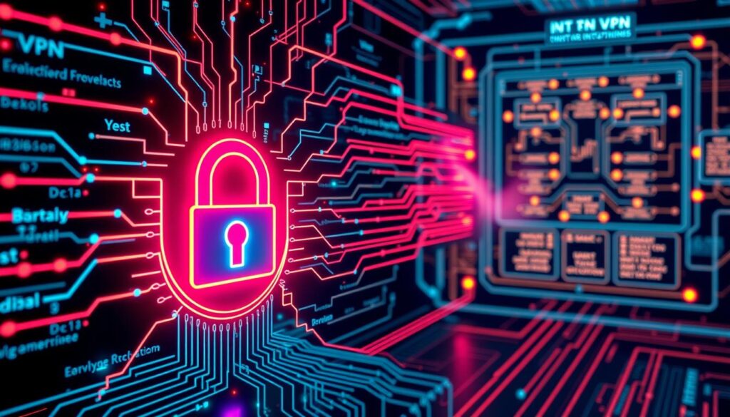 How 43% of Cyberattacks Start With One Unprotected Click 3 A highly intricate and technical diagram depicting the intricacies of VPN encryption and secure tunneling. In the foreground, a glowing VPN symbol emblazoned with a lock icon, representing the core encryption mechanisms. Surrounding it, a complex web of data packets traversing a secure tunnel, rendered in vibrant neon colors that convey the sense of encrypted information exchange. In the background, a detailed schematic of the underlying VPN protocol stack, with various encryption algorithms and tunneling protocols visually represented. The scene is bathed in a cool, futuristic lighting, creating an atmosphere of advanced, impenetrable digital security.