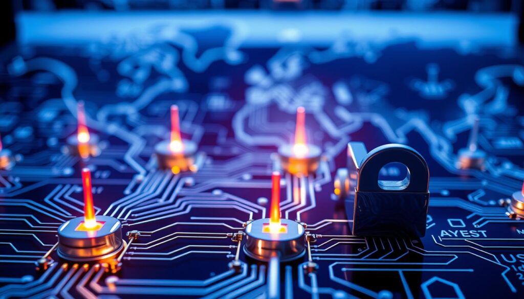 A highly technical close-up view of a virtual private network (VPN) encryption process, showcasing the multi-hop architecture. In the foreground, a series of interconnected nodes representing the secure VPN tunnels, with data packets flowing between them. The middle ground features detailed circuit diagrams and cryptographic algorithms, conveying the complex mathematical underpinnings of the encryption. The background depicts a stylized world map, subtly suggesting the global reach and interconnectivity of the VPN network. The scene is illuminated by a cool, blue-tinted lighting, evoking a sense of digital sophistication and security. The entire composition has a sleek, futuristic aesthetic, reflecting the cutting-edge nature of the premium VPN features.