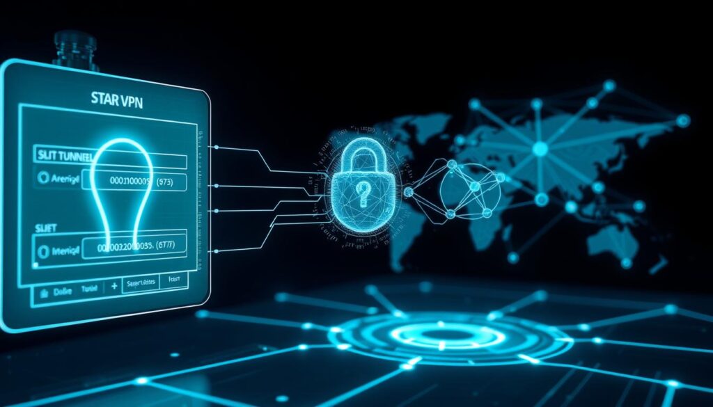 A holographic representation of a secure VPN connection, with data streams encapsulated in layers of encryption. In the foreground, a futuristic interface displays split tunneling options, allowing selective routing of internet traffic. The middle ground features a dynamic visualization of the encryption process, with digital ciphers intertwining and interlocking. In the background, a sleek, minimalist network topology suggests the global reach and seamless integration of the VPN system. The image is bathed in a cool, bluish-green color palette, evoking a sense of technological precision and digital trust.