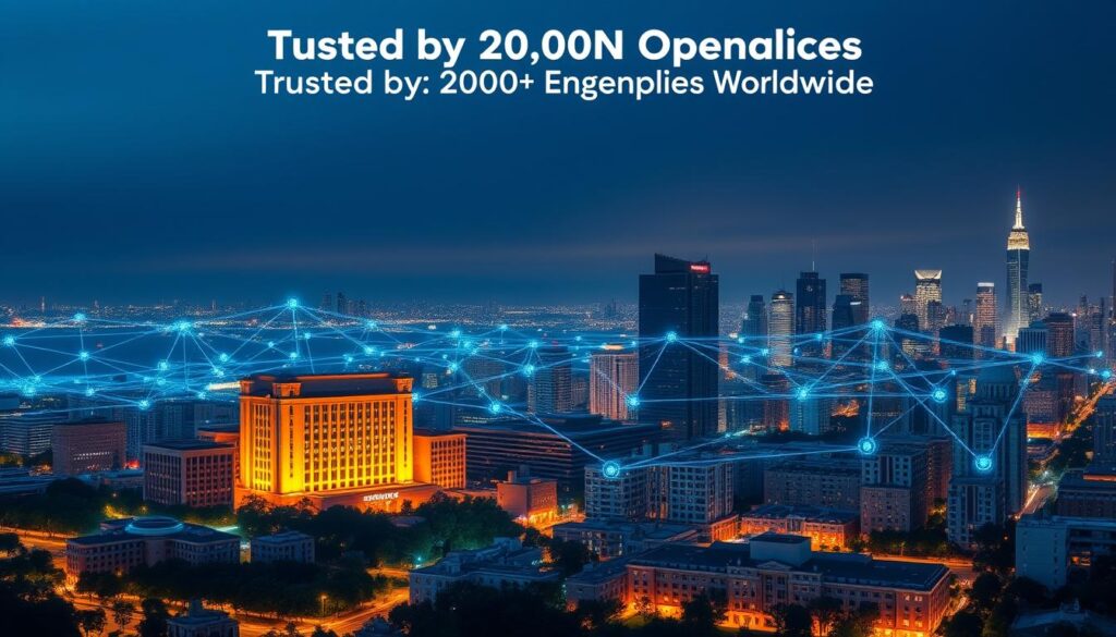 A large corporate headquarters building, illuminated by warm, inviting lighting, stands prominently in the foreground. In the middle ground, dozens of smaller office buildings and data centers are connected by a complex network of VPN tunnels, representing the global reach and scale of the enterprise VPN deployment. The background features a cityscape skyline, symbolizing the widespread adoption and trust in the VPN solution by organizations worldwide. The overall scene conveys a sense of security, reliability, and technological sophistication, reflecting the "Trusted by 20,000+ Organizations Worldwide" positioning.