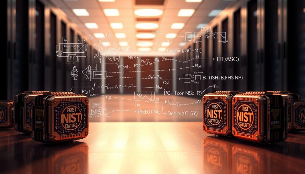 Secure Your Data with Post-Quantum Encryption 4 A meticulously detailed, photorealistic illustration of the NIST (National Institute of Standards and Technology) Post-Quantum Cryptography (PQC) standards. In the foreground, a group of high-tech cryptographic modules and security devices emblazoned with the NIST logo, their surfaces gleaming under bright, directional lighting. In the middle ground, a series of abstract mathematical diagrams and formulas representing the complex algorithms and protocols that define the NIST PQC standards. In the background, a sleek, minimalist data center backdrop, with rows of server racks and a subtle, futuristic color palette. The overall scene conveys a sense of technological sophistication, scientific rigor, and the critical importance of these new encryption standards in safeguarding digital information in the post-quantum era.