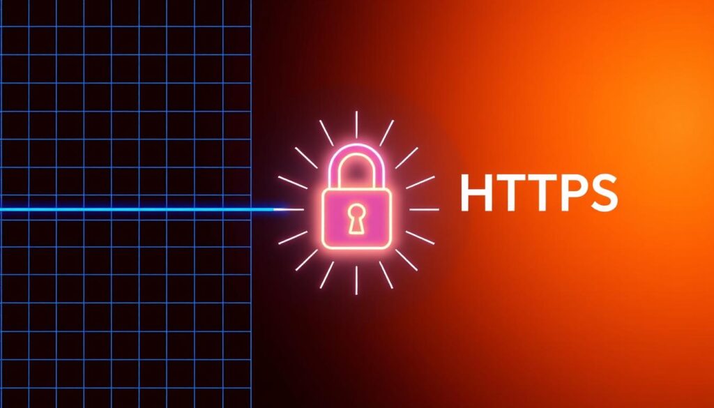 A minimalist yet informative illustration showcasing the interaction between a VPN and HTTPS. A neon blue grid representing the VPN network overlays a warm amber-hued background, symbolizing a secure HTTPS connection. In the center, a stylized lock icon glows, representing the encryption that protects the data flow. Subtle rays of light emanate from the lock, accentuating the secure nature of the HTTPS protocol. The overall composition conveys a sense of digital protection and technological harmony.