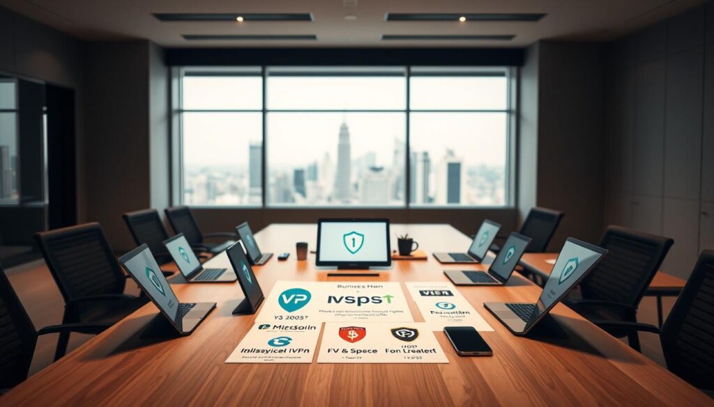 A modern and sleek office interior with a large desk showcasing multiple laptops, tablets, and smartphones. On the desk, there is a selection of VPN provider logos and service details, presented in a clean and organized manner. The lighting is warm and focused, creating a professional atmosphere. The background features minimalist, neutral-toned walls and a subtle, blurred cityscape through a large window, hinting at the global connectivity enabled by VPN technology. The overall composition conveys a sense of informed decision-making and a thoughtful approach to VPN provider selection.