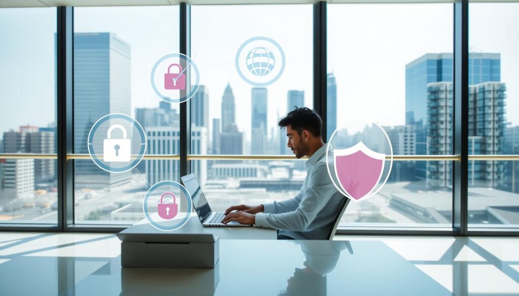 How 43% of Cyberattacks Start With One Unprotected Click 6 A modern, clean-looking office setting with a large window showcasing a cityscape in the background. In the foreground, a person sitting at a desk is using a laptop, with several icons and symbols representing VPN security features hovering around them, such as a padlock, a globe, and a shield. The lighting is bright and natural, creating a sense of professionalism and productivity. The overall atmosphere conveys the benefits of using a VPN connection, such as improved privacy, security, and global access.