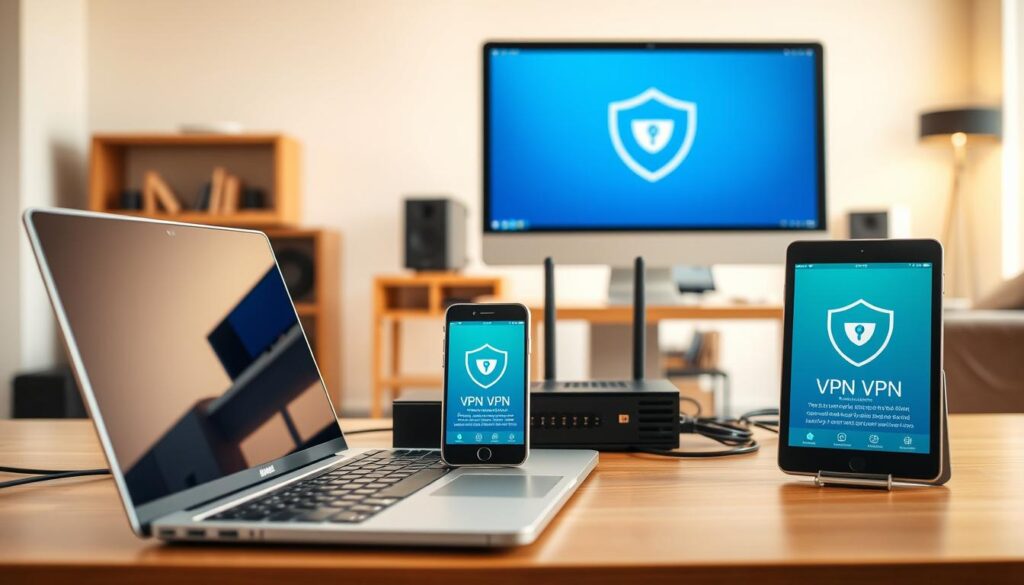 A modern home office setup with multiple devices seamlessly connected through a secure VPN service. In the foreground, a sleek laptop, smartphone, and tablet are displayed side-by-side, their screens illuminated with VPN app interfaces. The middle ground features a desktop computer, router, and networking equipment, all working in harmony to create a cohesive, well-protected digital environment. The background is a warm, minimalist space with plenty of natural light, conveying a sense of comfort and productivity. The overall scene suggests the importance of safeguarding multiple devices through a reliable VPN solution for a comprehensive, multi-platform security approach.
