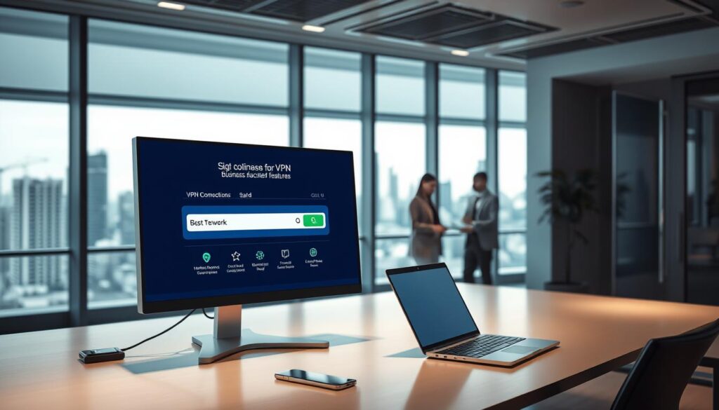 A modern office interior with a sleek, minimalist design. In the foreground, a large computer monitor displays a VPN connection screen, showcasing the various business-focused features. On the desk, a laptop and smartphone symbolize remote access capabilities. The middle ground features a team of professionals collaborating, their faces obscured to emphasize privacy and security. The background depicts a cityscape through large windows, hinting at the global reach and scalability of the VPN solution. Soft, directional lighting illuminates the scene, creating a professional and sophisticated atmosphere.