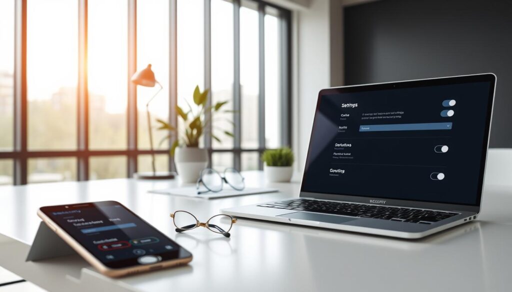 A modern office workspace with a sleek, minimalist design. In the foreground, a laptop displays a security settings interface, its screen meticulously optimized with toggles, sliders, and buttons. Nearby, a smartphone rests, its screen reflecting the same security-focused layout. The middle ground features a clean, clutter-free desk with a stylish lamp, a potted plant, and a pair of reading glasses, suggesting a professional, focused environment. The background showcases floor-to-ceiling windows, allowing natural light to flood the space and create a sense of openness and tranquility. The overall atmosphere conveys a sense of control, efficiency, and a commitment to safeguarding digital privacy.