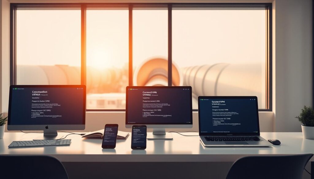 How 43% of Cyberattacks Start With One Unprotected Click 8 A modern office workspace with three desktops, laptops, and smartphones on a clean, minimalist desk. The devices display VPN connection status and configuration settings, with a secure network tunnel in the background. Warm, natural lighting from a large window casts a soft glow, creating a productive and professional atmosphere. The composition is balanced, with the technology elements strategically placed to guide the viewer's eye. The image conveys the ease and importance of setting up VPNs across various personal and work devices.