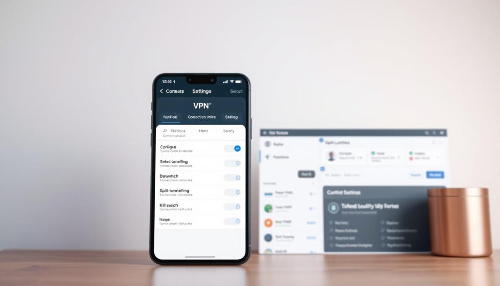 Private Internet Access: Safeguard Your Online Privacy 7 A modern, sleek VPN app interface with a minimalist design, showcasing various customization options. In the foreground, a user-friendly settings menu with options to configure connection protocols, select server locations, and toggle advanced features like split-tunneling and kill switch. The middle ground features a clean, intuitive dashboard displaying current connection status, data usage, and quick access to frequently used servers. The background subtly conveys a sense of online privacy and security, with a soft gradient hinting at the app's protective capabilities. Realistic lighting and materials create a high-fidelity, photorealistic representation of the VPN app's customization interface.