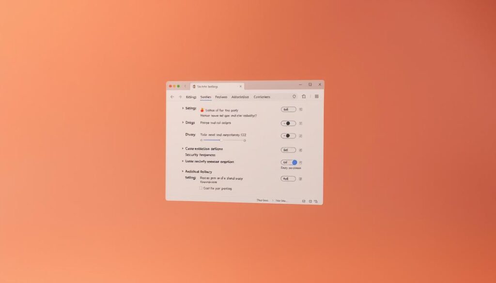 Secure Browsing: Safeguard Your Digital Life 2 A modern, sleek browser window, its settings screen floating in the foreground, revealing a range of customizable security and privacy options. The window's frame is minimalist, with clean lines and a touch of metallic sheen. The settings interface displays toggles, sliders, and dropdown menus, allowing the user to fine-tune their browsing experience for optimal protection. The background is a softly blurred, gradient-filled expanse, creating a sense of depth and focus on the central browser setting controls. Warm, ambient lighting casts a gentle glow, conveying a feeling of professionalism and attention to detail. The overall composition emphasizes the importance of leveraging browser settings to enhance digital security.