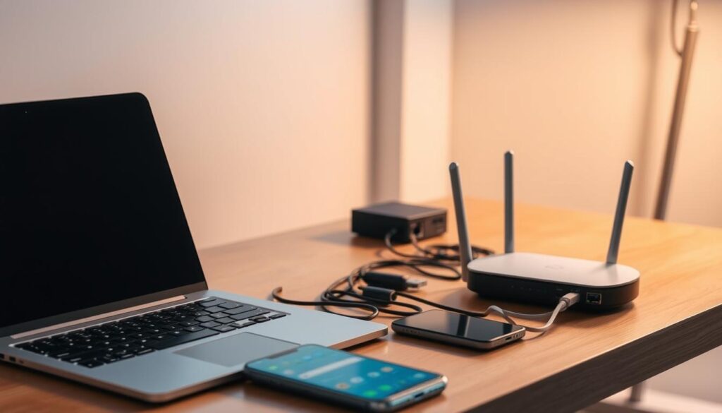 A modern, well-lit workspace with a laptop, smartphone, and various networking devices like a router, modem, and ethernet cables. The setup is arranged neatly on a minimalist wooden desk, with a warm, focused lighting that highlights the technical elements. The background is blurred, creating a sense of depth and emphasizing the foreground objects. The overall atmosphere conveys a professional, organized, and technical vibe suitable for illustrating a VPN setup guide.
