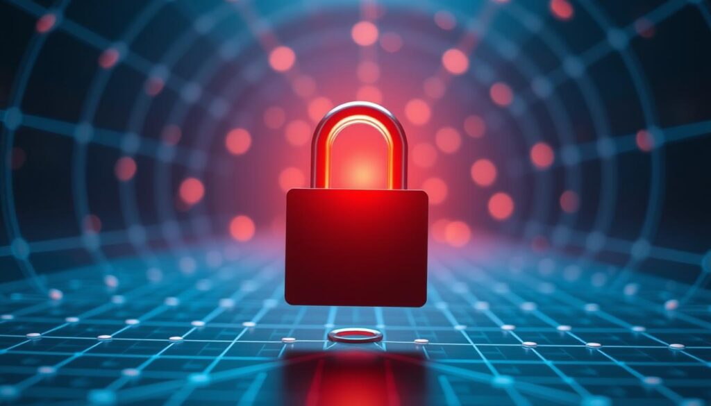 How 43% of Cyberattacks Start With One Unprotected Click 1 A secure VPN connection, with a virtual tunnel wrapped in end-to-end encryption, shielding data from prying eyes. In the foreground, a lock icon pulsates, signifying the encryption's robust protection. The middle ground depicts a network of interconnected nodes, representing the secure routing of information. In the background, a subtle grid pattern symbolizes the grid-like infrastructure underpinning the VPN's architecture. Soft lighting casts a warm, reassuring glow, conveying the sense of safety and privacy. The overall mood is one of digital security, with a touch of technical sophistication.