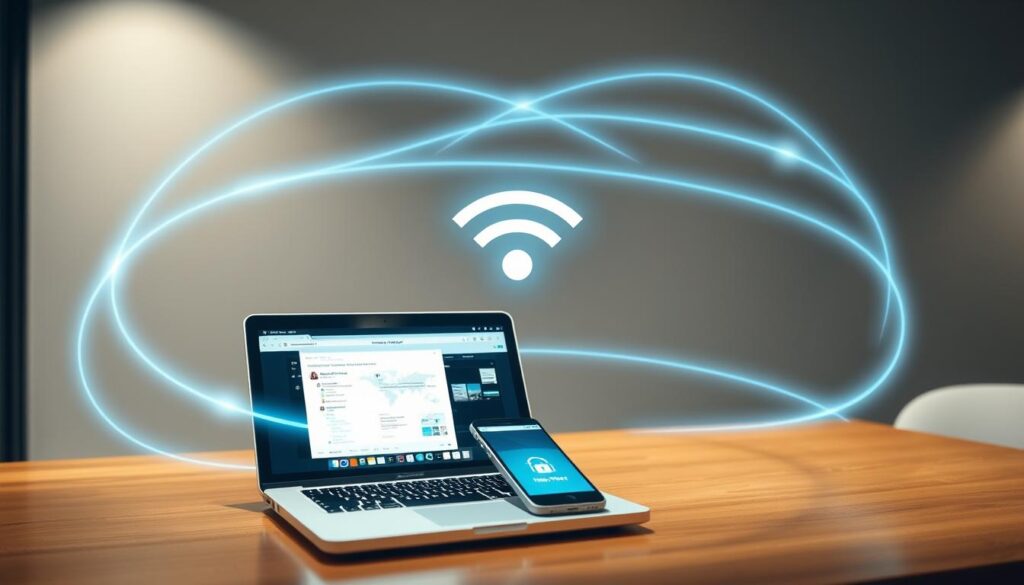 A secure VPN connection wrapping around a public Wi-Fi network, shielding a laptop and smartphone from potential threats. The VPN tunnel appears as a glowing, translucent energy field, emanating a calming blue hue. In the foreground, the devices sit on a wooden table, their screens displaying secure web browsing and data transmission. The background is a minimalist office setting, with clean lines and muted tones, emphasizing the importance of digital privacy and protection. Soft, directional lighting illuminates the scene, creating a sense of safety and reassurance in the face of public network vulnerabilities.