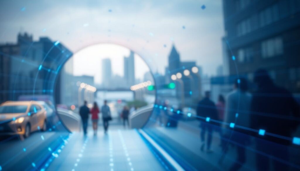 A secure virtual private network tunnel, with abstract geometric shapes and lines representing encrypted data flow. The tunnel is bathed in a soft, blue-tinted lighting, creating a sense of digital security and privacy. In the background, a blurred cityscape with public Wi-Fi hotspots fades into the distance, emphasizing the need for VPN protection when using open networks. The composition is clean, minimalist, and focused on conveying the technical concepts of VPN encryption and secure tunneling.