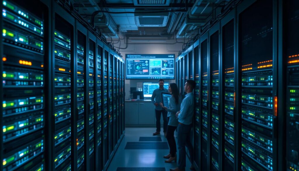 Mastering Encryption: Safeguard Your Online Privacy 6 A secure, well-organized data center with rows of server racks, each one adorned with glowing status lights and intricate wiring. Sleek, ultramodern encryption modules occupy the foreground, their surfaces shimmering under soft, directional lighting. In the middle ground, a team of cybersecurity experts diligently monitors a complex dashboard, analyzing encryption key management strategies displayed on high-resolution screens. The background fades into a hazy, ethereal realm, suggesting the boundless digital landscape where encrypted data flows invisibly yet securely.