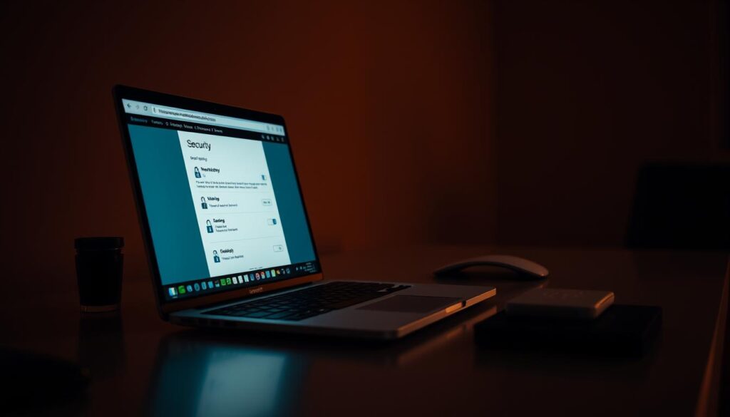 A serene and professional workspace with a sleek, high-resolution laptop and a clean, minimalist desk. The laptop screen displays a browser window with security settings prominently featured, surrounded by a soft glow. The room is bathed in warm, directional lighting, creating deep shadows and highlights that emphasize the laptop's elegant lines and the neatly organized desktop accessories. The atmosphere conveys a sense of focus, control, and attention to detail, reflecting the importance of secure online practices.