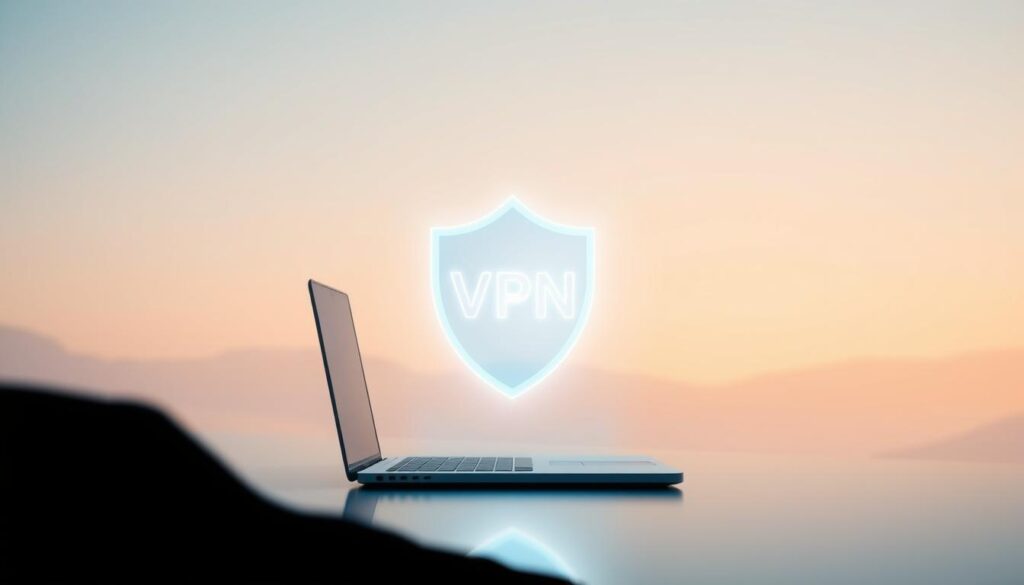 Do You Really Need a VPN for Online Security? 2 A serene and secure digital landscape, a VPN shield shimmering with a prismatic aura, casting a protective veil over a user's online activities. In the foreground, a minimalist laptop silhouette, its screen emanating a soft, ethereal glow, symbolizing the privacy and security that a VPN provides. The background features a subtle gradient, transitioning from cool blues to warm oranges, evoking a sense of tranquility and the balance between technology and personal freedom. Soft, diffused lighting illuminates the scene, creating a calming atmosphere that conveys the key benefits of VPN usage - enhanced privacy, anonymity, and online protection.