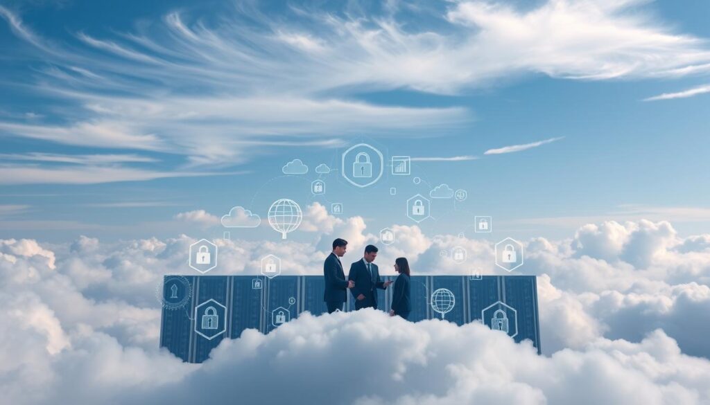 A serene cloud landscape sets the stage, wispy formations drifting effortlessly across a tranquil blue sky. In the foreground, a sleek, modern data center emerges, its architecture a harmonious blend of glass and steel, symbolizing the secure and efficient management of cloud-based systems. Meticulously placed, various security protocols and firewalls are visible, their intricate designs hinting at the multilayered defenses protecting critical data and applications. In the middle ground, a team of cybersecurity experts collaborates, their expressions focused as they navigate a holographic display, analyzing real-time threat patterns and devising proactive strategies. The soft, diffused lighting enhances the sense of calm and control, underscoring the importance of a comprehensive cloud security approach. A serene cloud landscape sets the stage, wispy formations drifting effortlessly across a tranquil blue sky. In the foreground, a sleek, modern data center emerges, its architecture a harmonious blend of glass and steel, symbolizing the secure and efficient management of cloud-based systems. Meticulously placed, various security protocols and firewalls are visible, their intricate designs hinting at the multilayered defenses protecting critical data and applications. In the middle ground, a team of cybersecurity experts collaborates, their expressions focused as they navigate a holographic display, analyzing real-time threat patterns and devising proactive strategies. The soft, diffused lighting enhances the sense of calm and control, underscoring the importance of a comprehensive cloud security approach.