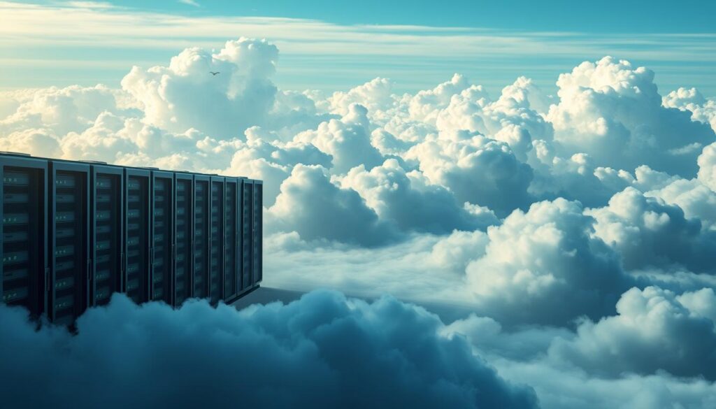 Mastering Encryption: Safeguard Your Online Privacy 5 A serene data fortress surrounded by billowing clouds, bathed in a soft, ethereal glow. In the foreground, a sleek data server center stands as a bastion of security, its racks and cables meticulously arranged. The middle ground features a network of encrypted connections, data packets flowing seamlessly through the cloud-like formations. In the background, a panoramic vista of cumulus clouds, hinting at the vast, boundless expanse of the digital realm. Crisp lighting illuminates the scene, casting dramatic shadows and highlights that convey a sense of power and protection. The overall atmosphere is one of technological elegance and unwavering data safeguarding.