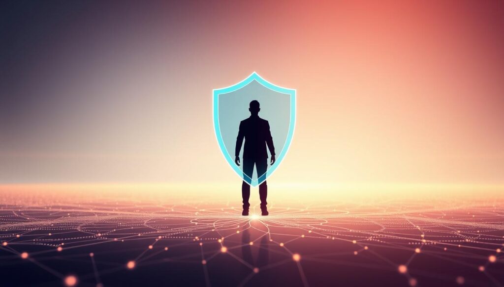 Discover How a VPN Helps Manage Your Digital Footprint 2 A serene digital landscape with a VPN shield hovering protectively over a user's digital footprint. In the foreground, a stylized human silhouette stands amidst a swirl of data trails and network connections, symbolizing the user's online presence. The middle ground features a semi-transparent VPN tunnel enveloping the footprint, shielding it from external threats. The background depicts a minimalist, yet vibrant digital environment with subtle glowing grid patterns, conveying a sense of technological security and control. Soft, diffused lighting casts a warm, reassuring glow over the scene, emphasizing the VPN's role in safeguarding the user's digital wellbeing.