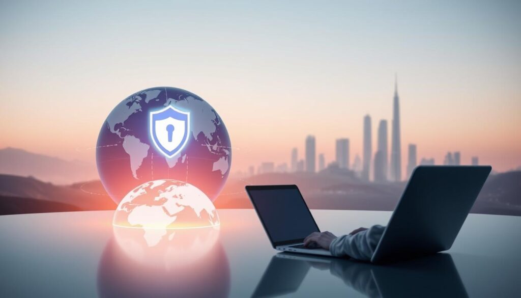 Discover How a VPN Helps Manage Your Digital Footprint 5 A serene digital landscape with a focus on secure browsing habits. In the foreground, a user navigates the web through a sleek, encrypted VPN interface, their online activity shielded from prying eyes. The middle ground features a stylized globe, data streams flowing securely between continents. In the background, a minimalist skyline with towering, high-tech buildings, conveying a sense of privacy and digital protection. Soft, diffused lighting creates a calming, reassuring atmosphere, emphasizing the importance of maintaining a secure digital footprint.