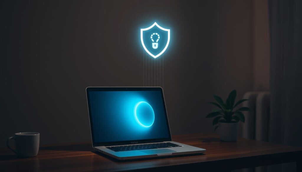 How 43% of Cyberattacks Start With One Unprotected Click 5 A serene, dimly lit room with a laptop on a wooden desk. A secure, virtual tunnel symbolizing a VPN's encrypted connection pierces through the screen, shielding the user's digital footprint from prying eyes. Soft, warm lighting casts subtle shadows, creating an atmosphere of privacy and protection. The VPN icon hovers above the laptop, radiating a sense of digital security and online anonymity. Subtle details like a mug of coffee and a potted plant add to the cozy, comfortable setting, conveying the idea of a safe, private digital haven.