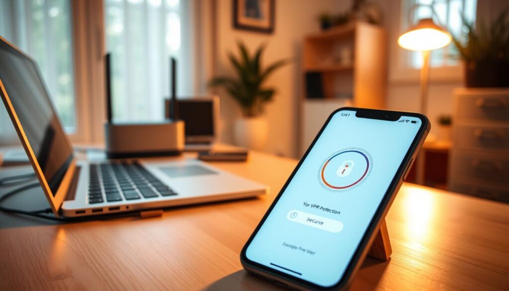 A serene home office with a laptop and smartphone on a clean desk, bathed in warm, natural lighting. In the background, a secure home network with a VPN router and shielded cables, symbolizing a safe and private connection. The foreground features a mobile device, its screen displaying a VPN app with a secure connection indicator, emphasizing the seamless protection for both home and on-the-go settings. The overall atmosphere conveys a sense of digital safety and personal privacy, aligned with the topic of "Maximizing Protection on Home and Mobile Networks".