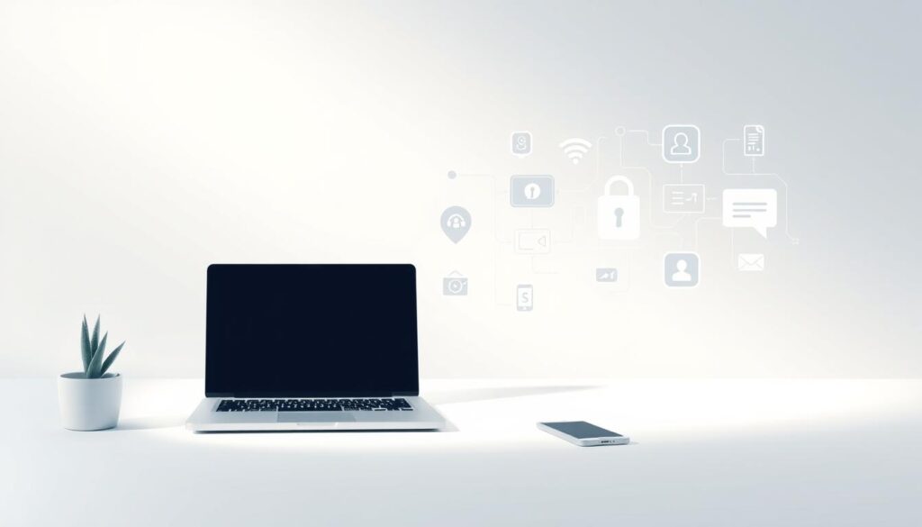 A serene, minimalist illustration depicting the fundamental strategies for personal data protection in the digital realm. In the foreground, a clean and uncluttered workspace with a laptop and a mobile device, symbolizing the primary tools for online activities. In the middle ground, abstract geometric shapes and icons representing various data protection concepts like encryption, privacy settings, and secure communication protocols. The background features a soft, gradient-based color scheme, creating a calming and focused atmosphere. Lighting is gentle and diffused, emphasizing the simplicity and clarity of the design. The overall composition conveys a sense of control, organization, and a thoughtful approach to safeguarding personal information in the digital age.