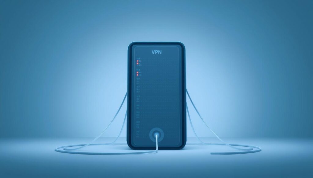 A serene, minimalist illustration of a virtual private network server connection. Set against a soft, blue-gray background, a sleek, futuristic VPN server stands tall, its LED indicators blinking rhythmically. Elegant cables extend from the server, snaking across the frame, symbolizing the secure, encrypted connections it facilitates. The lighting is soft, with a subtle glow emanating from the server, creating a calming, technical atmosphere. The entire scene is captured from a slightly elevated, front-facing angle, emphasizing the server's central role in the VPN system.