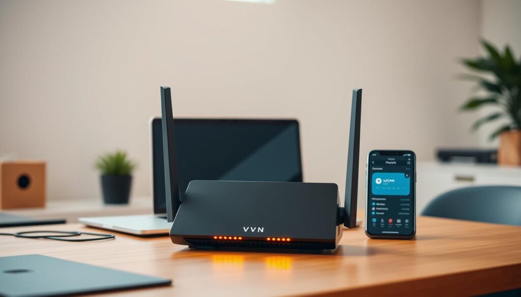 Discover How a VPN Helps Manage Your Digital Footprint 3 A serene office space, illuminated by soft, natural lighting. On the desk, an array of digital privacy tools stand in harmony: a sleek VPN router, a secure laptop, and a smartphone displaying a privacy app dashboard. The foreground features the VPN device, its status lights glowing warmly, symbolizing the protection it provides. In the middle ground, the laptop and phone exemplify the complementary technologies that work in tandem with the VPN to safeguard online activities. The background showcases a minimalist, clutter-free workspace, promoting a sense of digital well-being and control. The overall composition conveys a balanced, cohesive approach to managing one's digital footprint through the strategic use of privacy-enhancing tools.