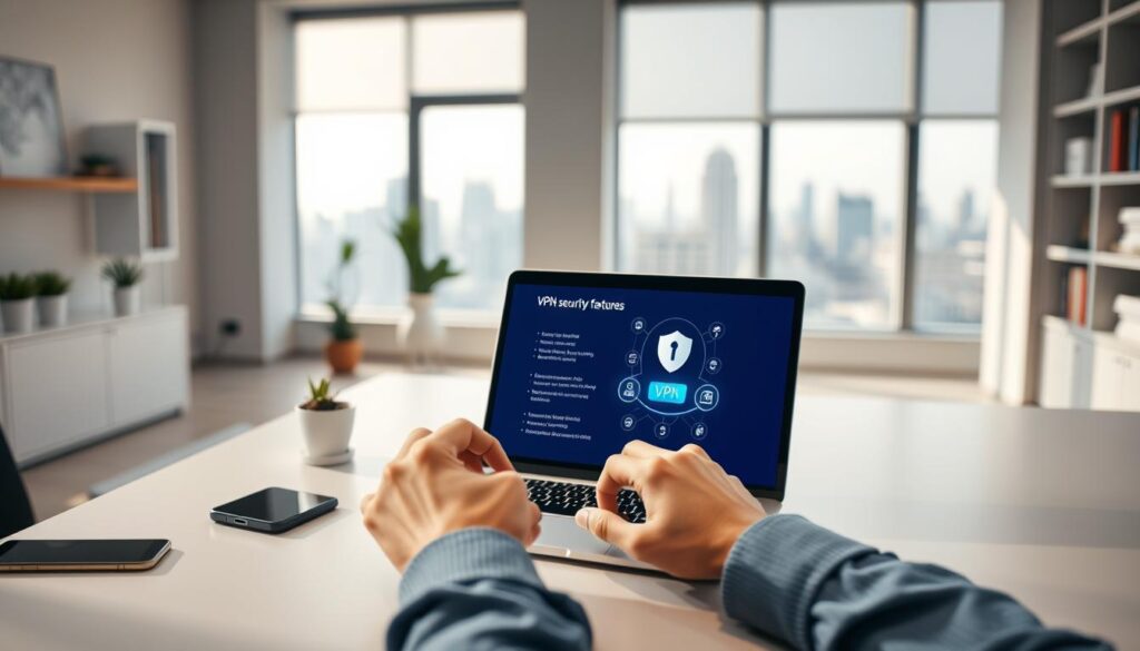 A serene, well-lit office setting with a sleek, modern desk showcasing a laptop, smartphone, and digital security icons. In the foreground, a pair of hands carefully examining a VPN service's security features on the laptop screen, conveying a sense of thoughtful consideration. The middle ground features subtle architectural elements like minimalist shelving and potted plants, creating a professional yet inviting ambiance. The background subtly hints at the importance of online privacy and security, with muted tones and a softly blurred city skyline visible through a large window. The overall scene projects an atmosphere of trust, reliability, and a focus on safeguarding sensitive information.