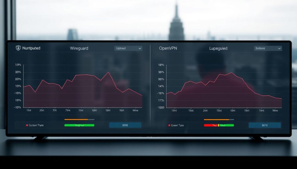 A side-by-side comparison of network speed test results for WireGuard and OpenVPN, displayed on a sleek, minimalist dashboard. The foreground features two high-resolution line graphs illustrating the download and upload speeds, with clear labeling and color-coding to distinguish the VPN protocols. The background shows a muted, blurred cityscape, conveying a sense of productivity and efficiency. The lighting is soft and even, creating a professional, data-driven atmosphere. The camera angle is positioned slightly above the dashboard, providing a clean, unobstructed view of the performance metrics.
