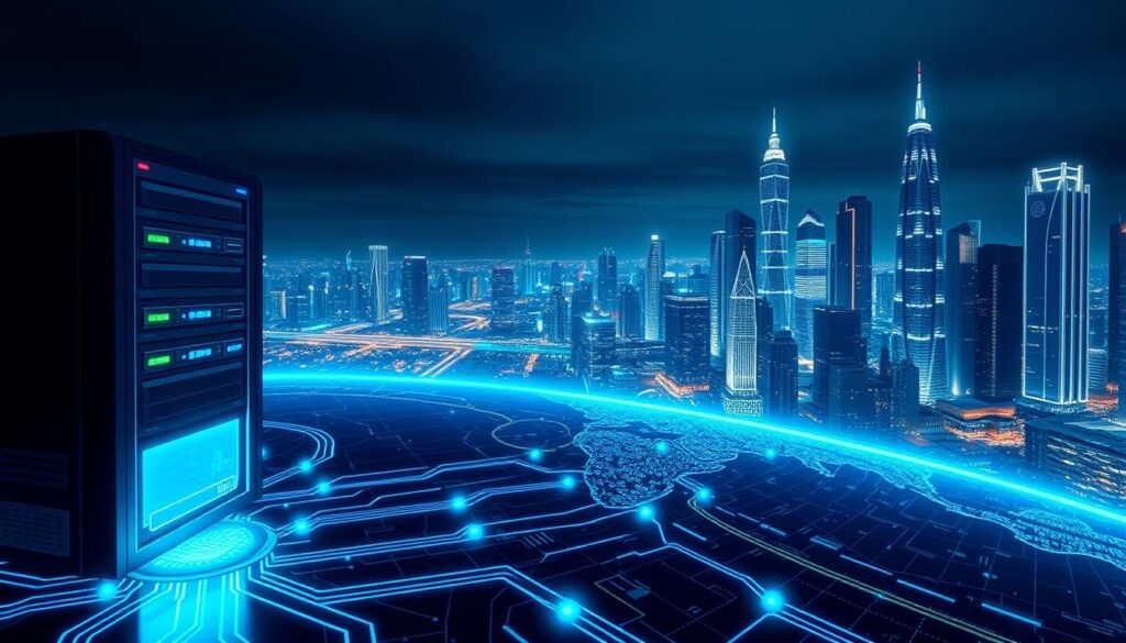 Private Internet Access: Safeguard Your Online Privacy 1 A sleek, futuristic digital landscape depicting a VPN security overview. In the foreground, a secure server hub with glowing network connections. The midground features a digital map with encrypted data streams flowing between endpoints. In the background, a cityscape of towering skyscrapers, pulsing with neon lights, representing the expansive online world. The scene is lit by a cool, blue-tinted lighting, conveying a sense of technological sophistication and data protection. The overall mood is one of strength, security, and the seamless integration of technology into modern life.