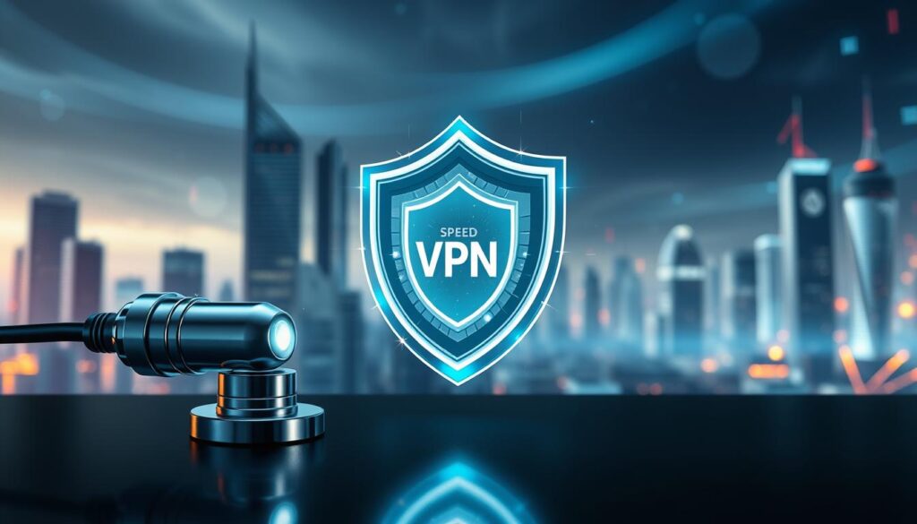 A sleek, high-tech visualization of the balance between VPN speed and security. In the foreground, a stylized VPN connection icon representing the speed and performance aspects, rendered in metallic chrome with dynamic lighting. In the middle ground, a transparent security shield emblem, symbolizing the protective measures of the VPN, with subtle holograms and data visualizations. The background depicts an abstract, futuristic cityscape with skyscrapers and glowing data streams, conveying the modern, digital landscape where VPNs operate. The overall tone is one of technological sophistication, power, and the careful equilibrium required to optimize both speed and security in VPN usage.