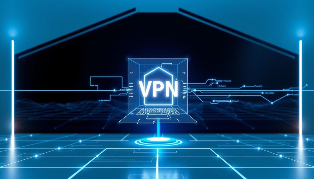 A sleek, modern VPN server routing process. In the foreground, a detailed schematic of the VPN routing architecture, with clear lines and nodes representing the flow of data packets. In the middle ground, a three-dimensional holographic display showcases the encryption and tunneling protocols in action, with glowing lines tracing the secure connection. The background features a minimalist, tech-inspired landscape, with geometric shapes and gradients evoking a sense of digital security and reliability. The lighting is cool and precise, highlighting the technical precision of the VPN system. The overall mood is one of sophistication, efficiency, and confidence in the VPN's ability to protect user data.