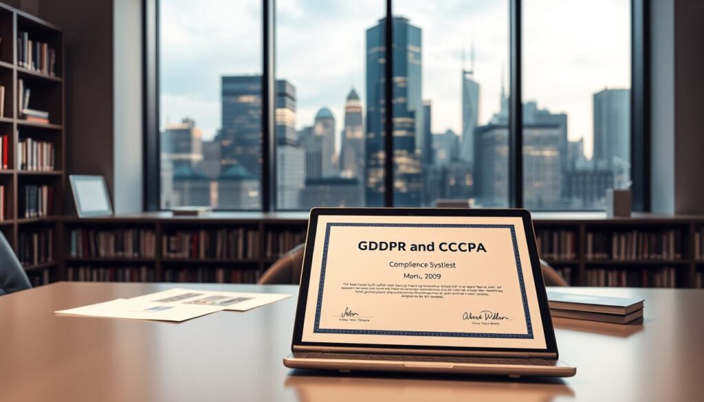 A sleek, modern office setting. In the foreground, a desk with a laptop, papers, and a GDPR and CCPA compliance certificate prominently displayed. The mid-ground features a large window overlooking a bustling city skyline, symbolizing the global reach of data privacy regulations. Soft, indirect lighting creates a professional, contemplative atmosphere. The background is filled with bookshelves, signifying the deep legal and technical knowledge required to navigate these complex policies. The overall composition conveys the importance of understanding and implementing GDPR and CCPA compliance within a business context. A sleek, modern office setting. In the foreground, a desk with a laptop, papers, and a GDPR and CCPA compliance certificate prominently displayed. The mid-ground features a large window overlooking a bustling city skyline, symbolizing the global reach of data privacy regulations. Soft, indirect lighting creates a professional, contemplative atmosphere. The background is filled with bookshelves, signifying the deep legal and technical knowledge required to navigate these complex policies. The overall composition conveys the importance of understanding and implementing GDPR and CCPA compliance within a business context.