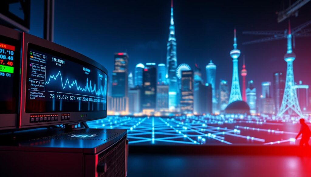 Private Internet Access: Safeguard Your Online Privacy 8 A streaming server performance visualization, with a sleek, modern aesthetic. Metallic hardware components in the foreground, glowing status indicators and real-time performance metrics projected on a curved display. The middle ground features a network of interconnected nodes, data flows, and server racks bathed in a cool, blue-tinged lighting. In the background, a cityscape of towering skyscrapers and communication towers, suggesting the global scale and infrastructure powering seamless online experiences. The overall mood is one of technological sophistication, efficiency, and the relentless pursuit of optimal digital performance.