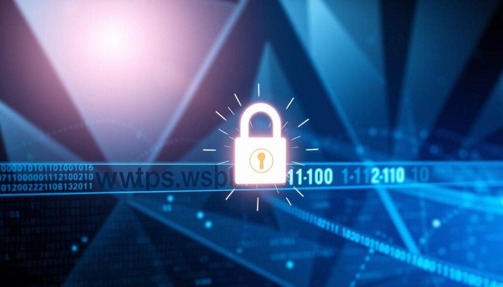 A striking digital illustration depicting the security of HTTPS encryption. In the foreground, a secure website URL shines with a glowing, encrypted lock icon, radiating an aura of digital protection. In the middle ground, binary code cascades around the lock, conveying the underlying cryptographic algorithms. The background features a backdrop of sleek, geometric shapes in shades of blue and gray, evoking the technological landscape of the internet. The overall scene is illuminated by a soft, directional light, creating depth and emphasizing the importance of HTTPS encryption in safeguarding online privacy.