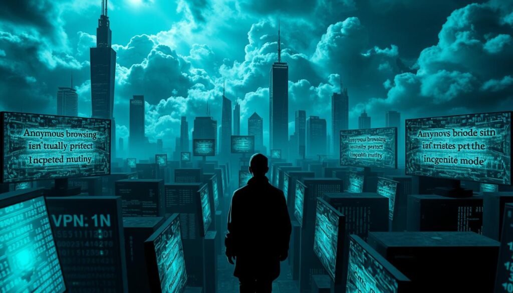 A surreal cityscape with towering digital towers and data clouds, obscuring the sky. In the foreground, a figure navigates a maze of fractured screens, each displaying common "online privacy myths" - anonymous browsing isn't actually private, VPNs can't protect you, incognito mode doesn't hide your activity. The scene is bathed in an eerie blue-green glow, casting long shadows and creating an atmosphere of technological unease. The lighting is dramatic, with harsh contrasts and hints of lens flare, giving the image a cinematic quality. The overall mood is one of disillusionment and the stark realization that true online anonymity is an illusion. A surreal cityscape with towering digital towers and data clouds, obscuring the sky. In the foreground, a figure navigates a maze of fractured screens, each displaying common "online privacy myths" - anonymous browsing isn't actually private, VPNs can't protect you, incognito mode doesn't hide your activity. The scene is bathed in an eerie blue-green glow, casting long shadows and creating an atmosphere of technological unease. The lighting is dramatic, with harsh contrasts and hints of lens flare, giving the image a cinematic quality. The overall mood is one of disillusionment and the stark realization that true online anonymity is an illusion.